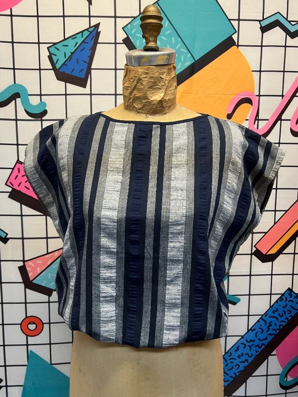 Vintage 80s Open Sleeve Striped Navy Boatneck Loose Fitting Top Blouse Small